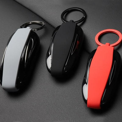 Upper view of a A black, red and grey key bands on Tesla Model S Key Fobs